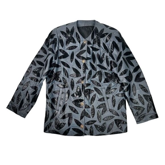Vintage Leather Womens Coat Floral Leaf Sequins Jacket Gray 80s 90s - Picture 1 of 4